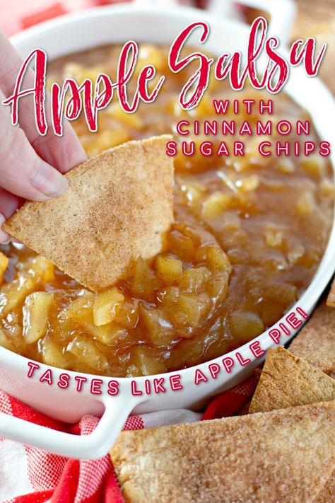 Apple Pie Dip with Cinnamon Sugar Chips is a super fun twist on the classic flavors of apple pie. Sweet apples simmered with cinnamon and sugar until soft and perfectly scoopable with homemade cinnamon sugar tortilla chips that you bake in the oven until crisp--you'll love this sweet salsa for a snack, appetizer, or dessert! Apple Pie Salsa, Apple Salsa Recipe Canning, Apple Pie Tacos Recipes, Apple Salsa Recipe, Cinnamon Sugar Chips, Cinnamon Sugar Tortilla, Apple Pie Dip, Apple Dip Recipe, Apple Salsa