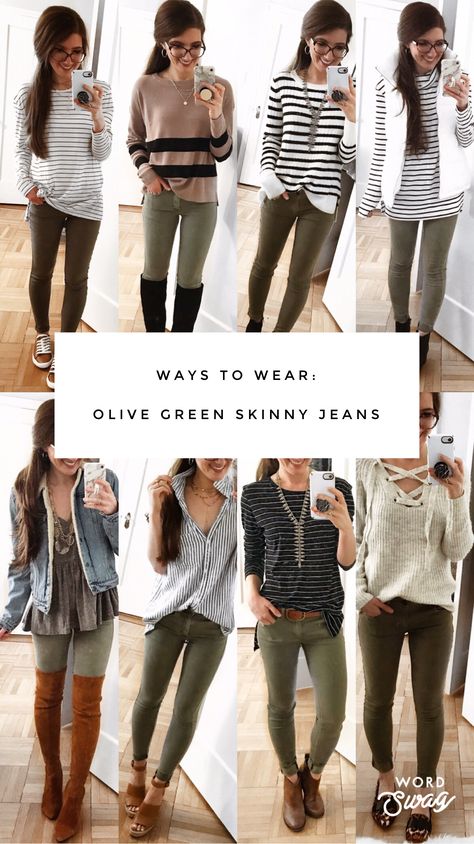 WAYS TO WEAR: Green Skinny Pants Olive Green Bootcut Pants Outfit, Green Pant Business Casual, Zyia Olive Everywhere Pants Outfit, Khaki Skinnies Outfit, Hunter Green Pants Outfit Winter, Women’s Green Pants Outfit, Olive Leggings Outfit Summer, Womens Gray Pants Outfit, Olive Pants Work Outfit