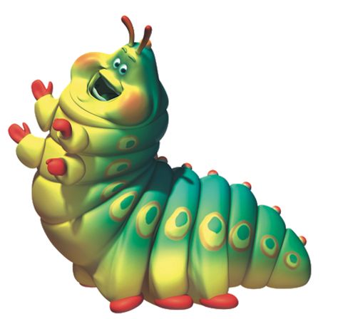 Heimlich is a caterpillar and one of the supporting characters from Disney/Pixar's 1998 film A Bug's Life. Heimlich is shown to have a gluttonous appetite and is seen eating almost all the time, especially while helping the ants construct a model bird to scare Hopper and his gang. Although brave, he still shows fear when a real bird nearly eats him. Also, when Hopper shouts at the approaching circus wagon, he frightens Heimlich who says he thinks he's going to wet himself. A Bugs Life Characters, Caterpillar Art, Bugs Life, A Bug's Life, Monsters Inc, Disney Drawings, Beautiful Butterflies, Disney Art, Caterpillar