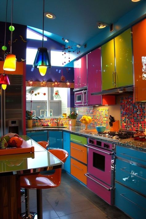 Small Space Maximalist Decor, Sicilian Kitchen, Dopamine Design, Salon Aesthetic, Funky Kitchen, Rainbow Kitchen, Colorful House, Colorful Room Decor, Colorful Kitchen