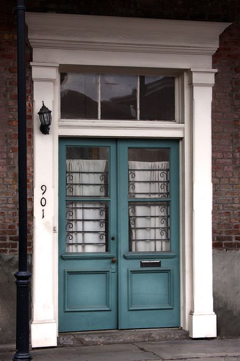 Entry Door With Sidelights, Turquoise Door, Doorway Decor, Turquoise Front Door, Turquoise Painting, Brick Exterior, New Orleans Travel, Painted Front Doors, Architectural Pieces