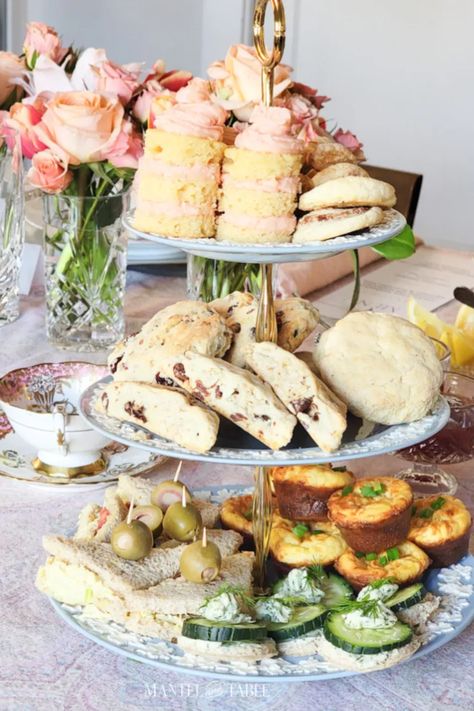 Three tiered tray laden with tea party treats Tea Service Ideas, Tea Party Table Scape, Tea Party Food Table Display, Evening Tea Party, Fall Tea Party, Afternoon Tea Table Setting, Host A Tea Party, Fancy Meals, Tea Party Table Settings