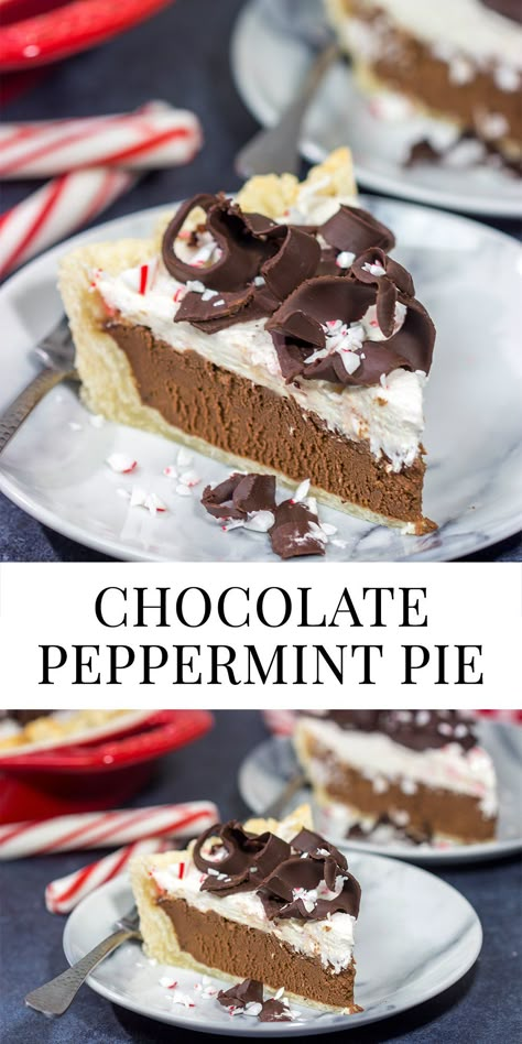 Chocolate Peppermint Pie | Topped with crumbled candy canes! Peppermint Cream Pie Recipe, Chocolate Peppermint Pie, Peppermint Pie, Candy Cane Pie, Cool Whip Pies, Peppermint Whipped Cream, Chocolate Cream Pie Recipe, Impressive Dessert, Favorite Pie Recipes