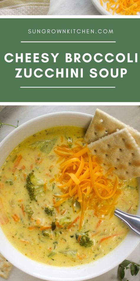 A bowl of Broccoli Zucchini Soup with cheddar cheese and crackers. Shredded Zucchini Soup, Shredded Zucchini Soup Recipes, Zucchini Soup Recipes Slow Cooker, Zucchini Crockpot Soup, Zucchini Cheese Soup, Cheesy Zucchini Soup, Zucchini Cheddar Soup, Broccoli Zucchini Soup, Zucchini And Broccoli Recipes