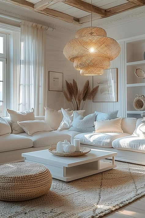 White Beach Living Room, Beach Aesthetic Interior, Airy Living Room Ideas, Coastal Apartment Decor, Modern Coastal Living Room Ideas, Living Room Layout Ideas, Coastal Living Room Ideas, Cozy Living Room Furniture, Beachy Living Room