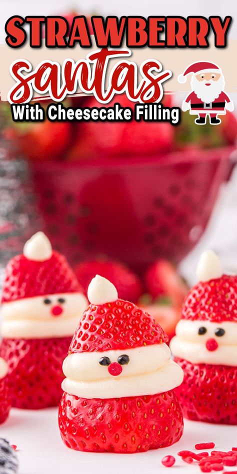 Strawberry Holiday Dessert, Christmas Desserts With Strawberries, Strawberry Christmas Treats, Strawberry Santas With Cream Cheese, Santa Cheesecake Bites, Healthy Kids Christmas Party Snacks, Semi Homemade Christmas Treats, Christmas Desserts Strawberry, Fruit Christmas Desserts