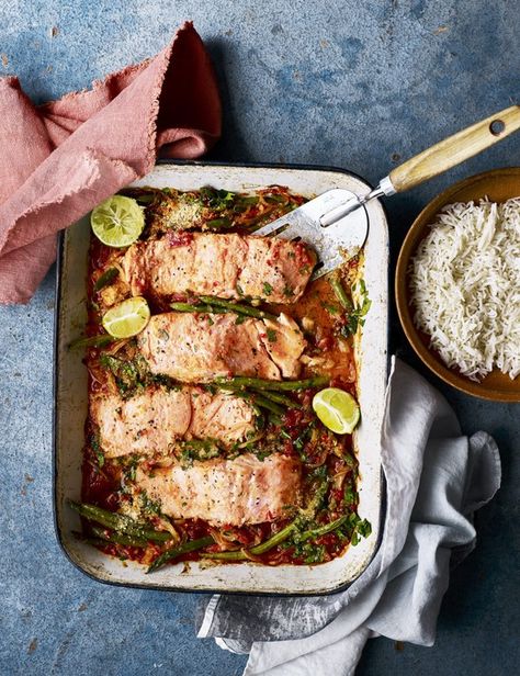 Salmon Tray Bake, Watercress Sauce, Coconut Salmon, Simple Baked Salmon, Salmon Bake, Best Fish Recipes, Salmon Soy Sauce, Pan Fried Salmon, Tray Bake Recipes