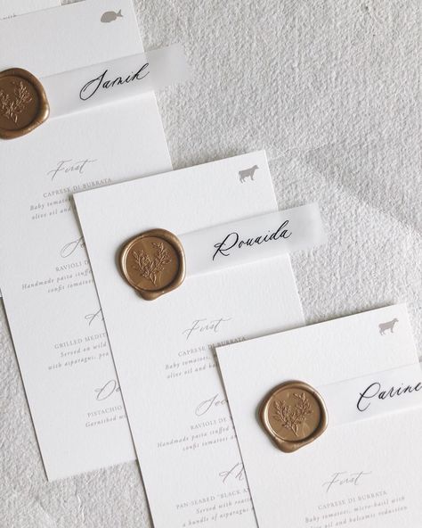 Paula Lee Calligraphy on Instagram: “Pretty little menus on their way to Montreal! Love the vellum place card + our Eucalyptus wax seal combo!” Wax Seal Table Cards, Wedding Menu Ideas With Wax Seal, Menu Card Wax Seal, Vellum Place Cards Wax Seal, Wedding Menu With Wax Seal, Place Card, Wedding Table Menus, Wedding Menu Cards, Wedding Places