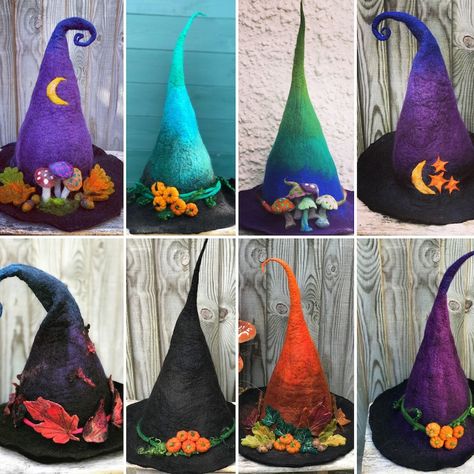 Faerie Clothes, Felt Witch Hat, Tovad Ull, Hat Cosplay, Hat Decor, Witch Hat Halloween, Witches Hats, Felted Hat, Felt Pumpkins