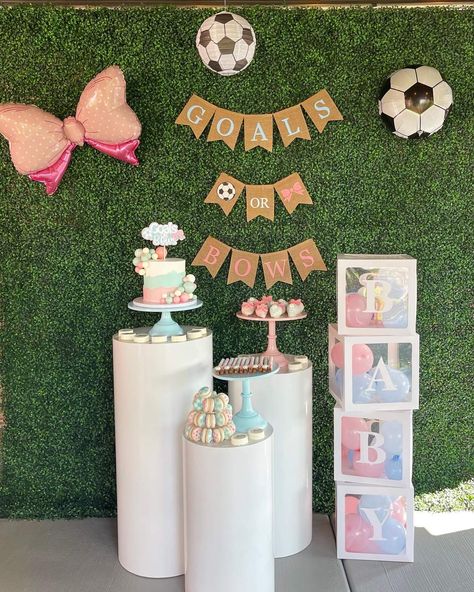 Soccer Or Bows Gender Reveal, Soccer Ball Gender Reveal Ideas, Goals And Bows Gender Reveal, Gender Reveal Ideas Soccer Theme, Bows Or Goals Gender Reveal, Gender Reveal Ideas Soccer, Gender Reveal Soccer Theme, Soccer Gender Reveal Ideas, Goals Or Bows Gender Reveal