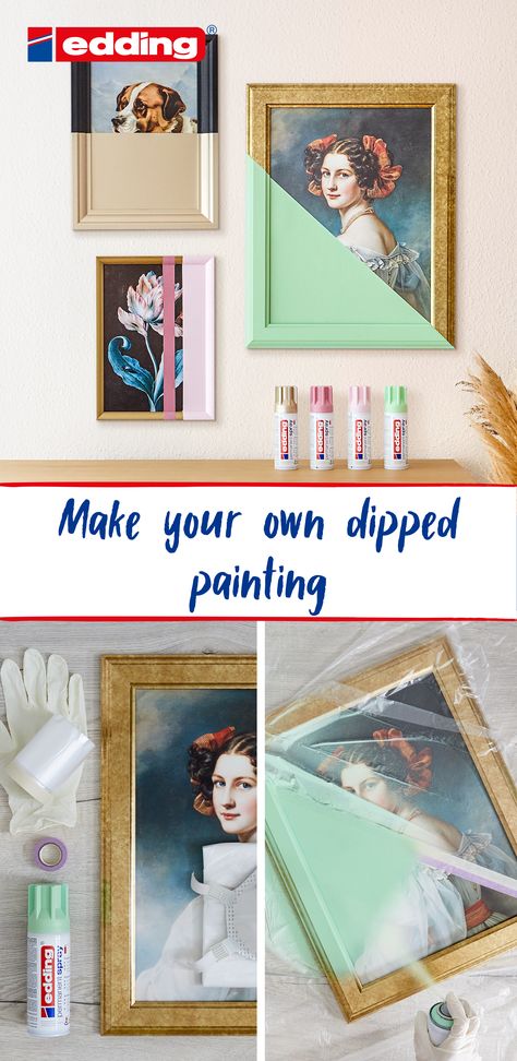 dipped painting Upcycling Old Paintings, Upcycled Paintings, Paper Candle Holders, Crate Side Table, Old Artwork, Paper Candle, Concrete Vases, Living Room Decor Inspiration, Spray Paints