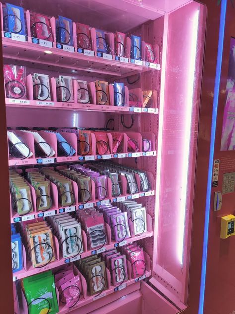 Pink Vending Machine Aesthetic, Skincare Vending Machine, Vending Machine Business Aesthetic, Neon Vending Machine, Vending Machines Ideas, Cosmetic Vending Machine, Retro Vending Machine, Korean Vending Machine, Custom Vending Machine