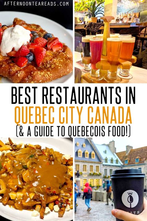 4 images of different quebec city restaurants: beaver tail, local microbrewery, poutine, and local coffee spot Quebec Winter Carnival, Kids Restaurants, Canadian Road Trip, Food To Try, Canada Vacation, Quebec City Canada, Breakfast Places, Old Quebec, City Restaurants