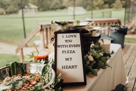 Deck out your pizza-themed event with funny phrase that shows not only your passion for the food, but also your love for your new husband or wife. This couple used marquee letters to spell out "I love you with every pizza my heart." Pizza Bar Rehearsal Dinner, Food Truck Rehearsal Dinner Ideas, I Love You With Every Pizza My Heart, Pizza Wedding Sign, Pizza Rehearsal Dinner Decorations, Pizza Bridal Shower Ideas, Rehearsal Dinner Pizza, Pizza Bar Wedding, Pizza Rehearsal Dinner