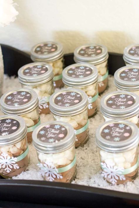 Hot cocoa favors at a winter birthday party! See more party planning ideas at CatchMyParty.com! Lila Party, Ice Skating Party, Winter Shower, Winter Onederland Party, Winter Wonderland Birthday, Winter Birthday Parties, Outside Baby Showers, Winter Wonderland Baby Shower, Winter Onederland Birthday