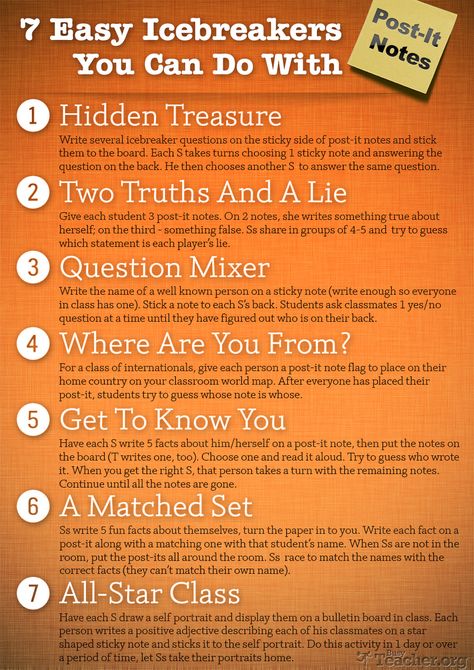 We all love post-it notes, don't we?! Did you know that there are tons of activities you can do with them in your classroom? Well, check out 7 such activities below: we have created this HI- Substitute Teaching, Icebreakers, Ice Breaker, Beginning Of The School Year, Team Building Activities, Ice Breakers, Beginning Of School, School Counseling, School Counselor
