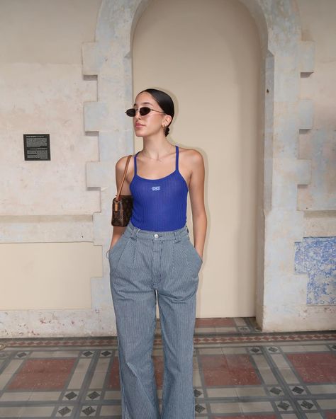 Outfit inspo by the gorgeous @yulyavisror 🪬✨📸 Yuly is wearing our Royal Blue Sheer Knit Logo Tank Top and Cotton Wide Leg Pants in Blue Stripes 💙 She’s wearing XS in both Cotton Wide Leg Pants, Sheer Knit, Knit Logo, The Lucky One, Rococo, Blue Stripes, Leg Pants, Wide Leg Pants, Royal Blue