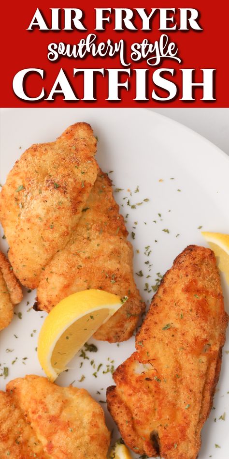 You're going to love this Air Fryer Catfish! It utilizes a southern style seasoned breading for a golden, crispy exterior while keeping the fish moist and tender inside. It's a quick meal that's perfect for a busy weeknight or a leisurely weekend dinner. Fry Fish In Air Fryer, Cooking Catfish Fillets, Airfryer Recipes Fish, Cooking Fish In Air Fryer, Catfish Filets Recipes, Air Fryer White Fish Recipes, Catfish Opelousas Recipe, Catfish Breading, Catfish Batter