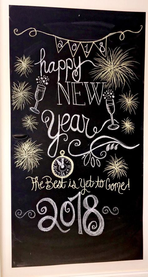 New Year Sign, New Years Window Art, Happy New Year Board Decoration, New Years Window Painting, New Year Board, New Year Blackboard Ideas, New Years Chalkboard Ideas, New Years Chalkboard Art, New Year Chalk Art