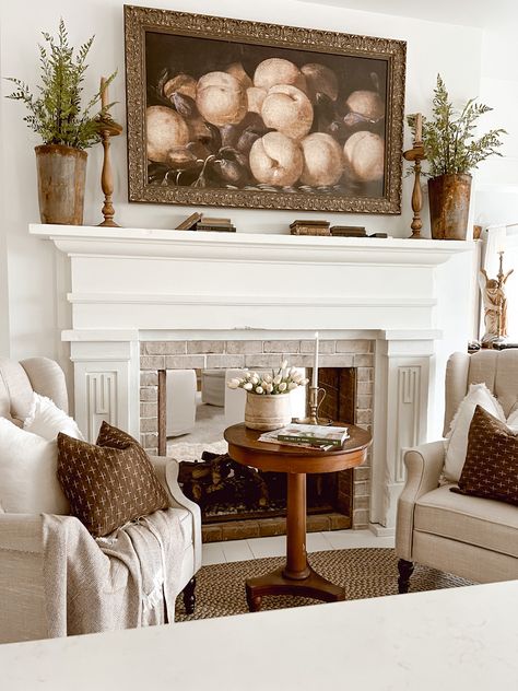 Furniture In Front Of Fireplace, Kitchen With Fireplace Sitting Area, Seating In Front Of Fireplace, Dining Room Fireplace Ideas, Vintage Fireplace Ideas, Cozy Fireplace Seating, Fireplace Seating Ideas, Chairs In Front Of Fireplace, Neutral Fireplace