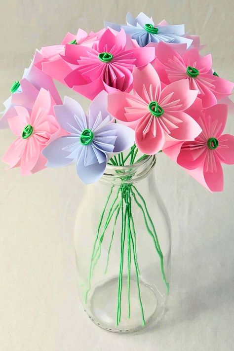 r creativity Cherry Blossom Bouquet, Origami Flower Bouquet, Craft Paper Design, Shades Of Light Pink, Blossom Bouquet, Get Well Flowers, Sewing Materials, Cardboard Crafts Diy, Paper Flower Template