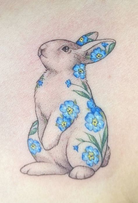 Flower Bunny Tattoo, Rabbit Portrait Tattoo, Rabbit Portrait, Bunny Tattoo, Bunny Tattoos, Poppies Tattoo, Rabbit Tattoos, Gold Tattoo, Pet Bunny