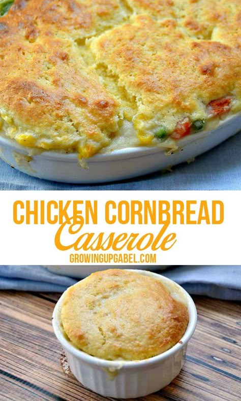 Need an easy dinner recipe? Use a homemade chicken pot pie filling and top with an easy cornbread topping for a delicious casserole dinner! Chicken Cornbread Casserole, Cornbread Chicken Casserole, Cornbread Chicken, Cornbread Topping, Easy Cornbread, Chicken Cornbread, Chicken Pot Pie Filling, Fall Dinners, Homemade Chicken Pot Pie