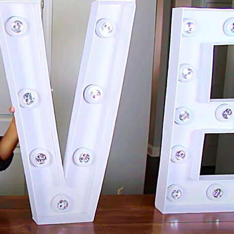 Diy Lighted Numbers, Diy Light Up Numbers, Diy Lighted Letters, How To Cover Walls For A Party, Name In Lights Diy, Diy Light Up Letters, Foam Board Letters Diy, Letters With Lights Diy, How To Make Marquee Letters