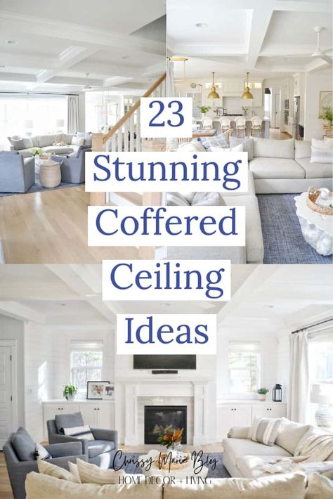 Ceilings do not have to be boring! Take a design to the next level with a coffered ceiling to add interest, drama and sophistication to a room. Coffered Ceiling Family Room, Coffered Ceiling Dining Room, Ceiling Ideas Living Room, Coffered Ceiling Ideas, Ceiling Beams Living Room, Coffered Ceiling Design, Kitchen Ceiling Design, Beams Living Room, Family Room Lighting