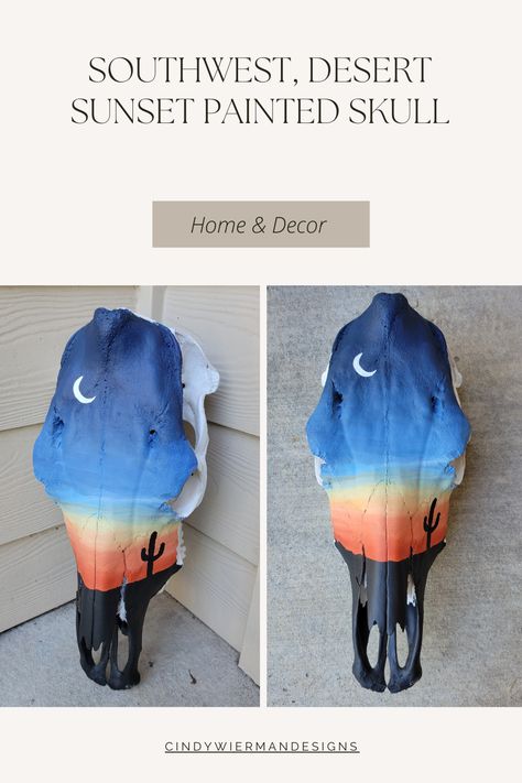 Looking for a unique touch to your home decor? This painted cow skull would complement any southwest or western decor. Hand painted with acrylic paint in a desert sunset scene. Cow Skull Art Painted, Painted Skull Ideas, Deer Skull Painting, Cow Skull Painting Ideas, Desert Sunset Painting, Skull Paintings, Painted Deer Skulls, Animal Skull Decor, Painted Skulls