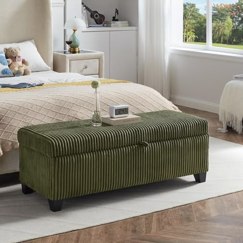 PRICES MAY VARY. Comfy Ottoman Bench with Storage : This rectangle storage ottoman bench is upholstered with premium corduroy fabric which is very soft on the touch,elegant in appearance,and wear resistant in use. And the seat is padded with high density foam for more softness and comfort. Wide Use Storage Ottoman Bench : About 48 inch in general length ,this is a very nice bed end storage bench to fit king size bed,living room storage bench,entryway and window seat bench with storage. Futhermor Boho Storage Bench, Storage Benches For Bedroom, End Of Bed Bench With Storage, Window Mid Century, Green Storage Bench, Bed End Ottoman, Benches For Bedroom, Wicker Storage Ottoman, Entryway Window