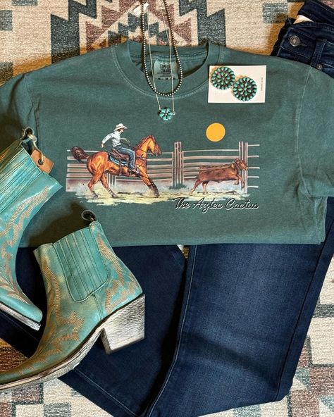 We are loving these new exclusive graphics - - - #westernfashion #rodeofashion #westernboutique #azteccactus #shopazteccactus Stockshow Outfits, Edgy Cowgirl, Aztec Cactus, Casual Western Outfits, Rodeo Fits, Classy Cowgirl, Jesus Clothes, Western Fits, Western Boutique