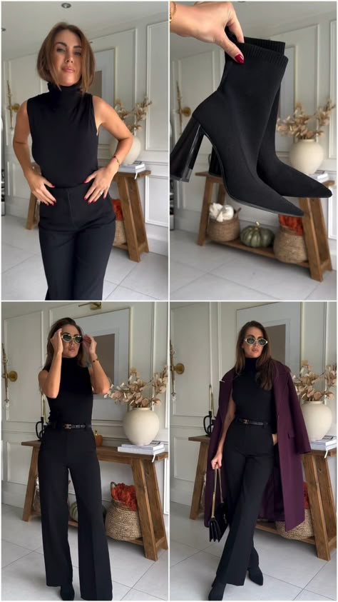 Black Turtleneck Sweater / Black Pants / Black Sock Boots / Purple Wool Coat Outfit Black Pants With Black Top, Black Top Black Pants Outfit, All Black Professional Outfits Chic, Black Pants Boots Outfit, Business Casual Cocktail Attire Women, Boots And Pants Outfit, Black On Black Outfits Classy, Winter Graduation Outfit Ideas, Black Sock Boots Outfit