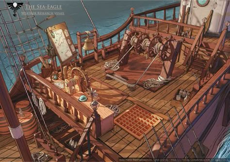 Feng Zhu Design, Ship Deck, Pirate Ship Art, Feng Zhu, Pirate Books, Pirate Boats, Set Dressing, Sea Of Thieves, Location Inspiration