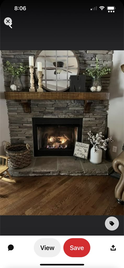 Stone Fireplace And Mantle Ideas, Stone Fireplace With Wood Mantle Decor, Fireplace Country Farmhouse, Cabin Mantel Decor, Fireplace Decor With Tv Farmhouse, Hearth Decorations Fireplace, Den Room Ideas With Fireplace, Fireplace Decor With Family Portrait, 2023 Farmhouse Living Room