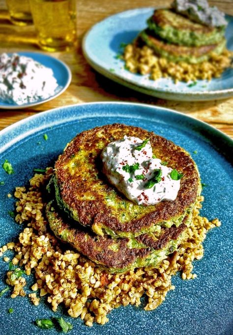 Courgette & Cauliflower Fritters with Turkish Couscous & Grains and Walnut Dip - Ainsley Harriott Turkish Couscous, Crunchy Stuffing, Baked Scalloped Potatoes, Roasted Vegetable Couscous, Walnut Dip, Rolled Roast, Vegetable Couscous, Brown Rice Salad, Beef Kebabs