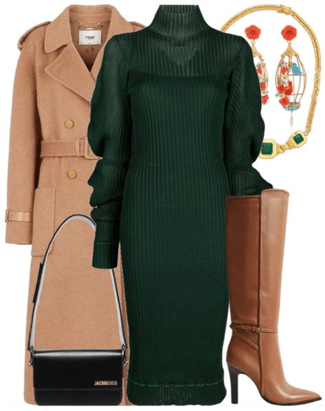 working woman - fall edition Outfit | ShopLook Green Dress Outfit Fall, Green Sweater Dress Outfit, Green Dress Outfit, Fendi Boots, Green Sweater Dress, Gold Chic, Sweater Dress Outfit, Green Boots, Fall Dress Outfit