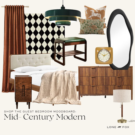 Guest Bedroom Moodboard Inspiration Mid Century Modern Mid Century Modern Inspired Bedroom, Mood Board Mid Century Modern, Mid Century Modern Bedroom Mood Board, Mid Century Modern Moodboard, Mid Century Moodboard, Bedroom Moodboard Interior Design, Warm Mid Century Modern, Mid Century Modern Bedroom Design Ideas, Mid Century Modern Mood Board