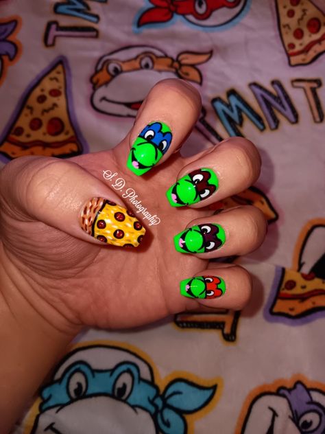 Turtle Acrylic Nails, Ninja Turtle Nails Designs, Teenage Mutant Ninja Turtles Nails, Tmnt Nail Art, Tmnt Inspired Nails, Turtle On Nails, Tmnt Nails, Ninja Turtle Nails, Turtle Nails