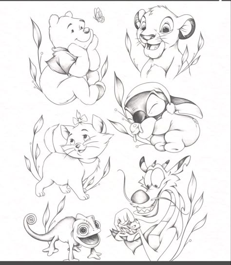 Disney Characters Tattoos, Disney Inspired Tattoos, Disney Sleeve Tattoos, Tattoo Disney, Disney Sleeve, Baby Letters, Disney Tattoo, Disney Art Drawings, Tattoo Design Book