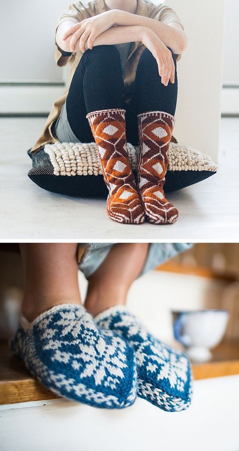 Fringe Association - New Favorites: Colorwork slippers Norwegian House, House Socks, Colorwork Knitting, Quick Knits, Slippers Pattern, Handmade Wardrobe, Knitting Socks, Fair Isle, Free Pattern