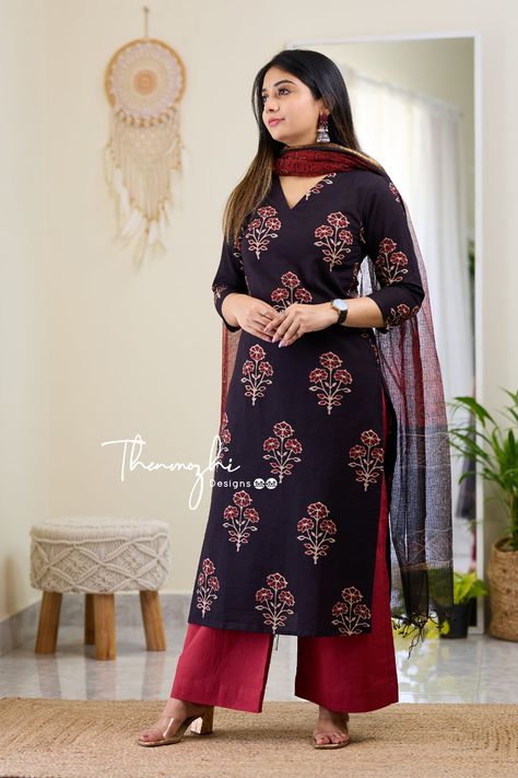 Elegant Cotton Salwar Kameez Suit For Office Wear Black Cotton Suit, Suits Design Latest, Printed Kurti Designs, Kurtis Design, Block Printed Suits, Stylish Kurtis, Salwar Pants, Stylish Kurtis Design, Cotton Salwar Kameez