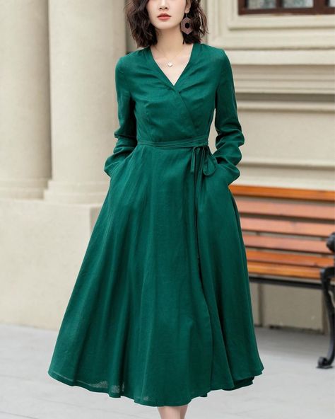 Midi Green Dress, Spring Wrap Dresses, Flare Wrap Dress, Green Fit And Flare Dress, Women Office Outfits, Cloak Dress, Summer Wrap Dress, Spring Wraps, Take A Risk