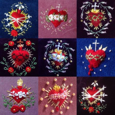 Unknown Source Sacred Heart Art, Catholic Crafts, Embroidery Hearts, Textile Fiber Art, Embroidery Fabric, Mexican Art, Sacred Art, Embroidery Inspiration, Heart Art