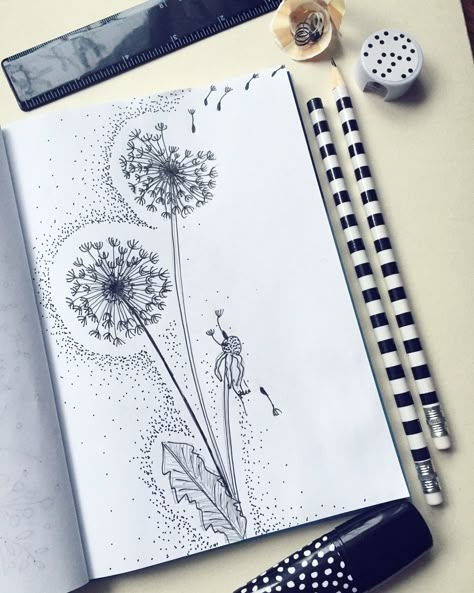 Things To Draw For Beginners, Dandelion Drawing, Easy Things To Draw, Bullet Journal Cover Ideas, Cute Doodle, Black And White Art Drawing, Cool Pencil Drawings, Things To Draw, Pen Sketch