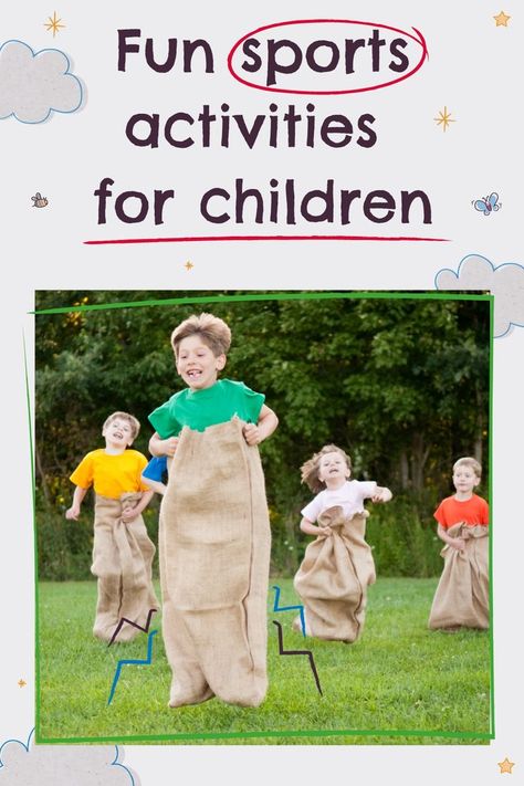 Fun sports activities for children. The image underneath text shows four young children in brown sacks running the sack race. Sports Day Activities, Sports Ideas, Activities For Children, Sports Day, Art Drawings For Kids, Sports Games, Sports Activities, Outdoor Play, Outdoor Kids