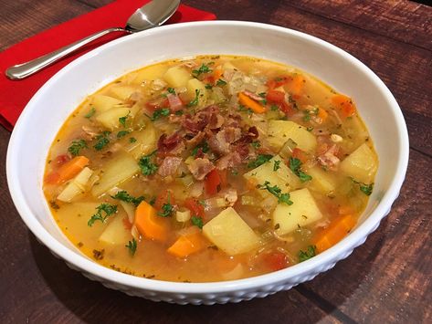 Kartoffelsuppe • German Potato Soup Recipe | Club Foody Cabbage Potato Soup, German Potato Soup, Potato Bacon Soup, Germany Food, Pea And Ham Soup, German Potato, German Potatoes, Slotted Spoon, Potato Soup Recipe