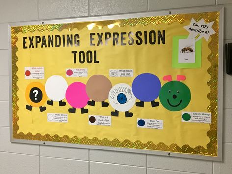 Expanding Expression Tool (EET) Bulletin Board for Speech Language Therapy Education! I post a picture in the upper right corner every week for student to practice as they walk by or wait for the next transition! Speech Therapy School Room, Speech Therapy Decorations For Classroom, Bulletin Board Ideas Speech Therapy, Slp Bulletin Board, Slp Bulletin Board Ideas, Speech Therapy Bulletin Board Ideas, Speech And Language Bulletin Boards, Speech Therapy Door Decorations, Bulletin Boards For Speech Therapy