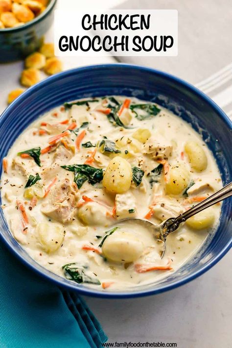 Chicken gnocchi soup is so creamy and comforting, easy to make and comes together in less than 30 minutes! This hearty soup is sure to warm you up. Creamy Chicken Gnocchi Soup, Creamy Chicken Gnocchi, Chicken Gnocchi Soup Recipe, Slow Cooker Chicken Stew, Gnocchi Recipes Soup, Chicken Gnocchi Soup Olive Garden, Vegetable Chili, Chicken Noodle Soup Easy, Slow Cooker Stew