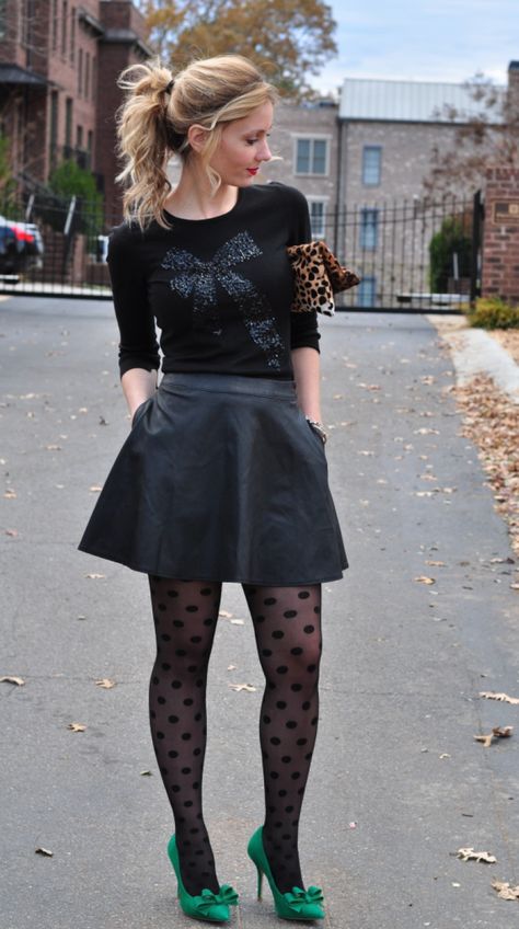 faux leather a-line skirt with a festive bow heel Polka Dot Nylons Outfit, Polka Dot Stockings Outfit, Black Dress Polka Dot Tights, Plaid Patterened Panty Hose And Blaxk Leather Skirt, Black Tartan Mini Skirt, Polka Dot Tights, Clueless Fashion, Tights Fashion, Pantyhose Fashion